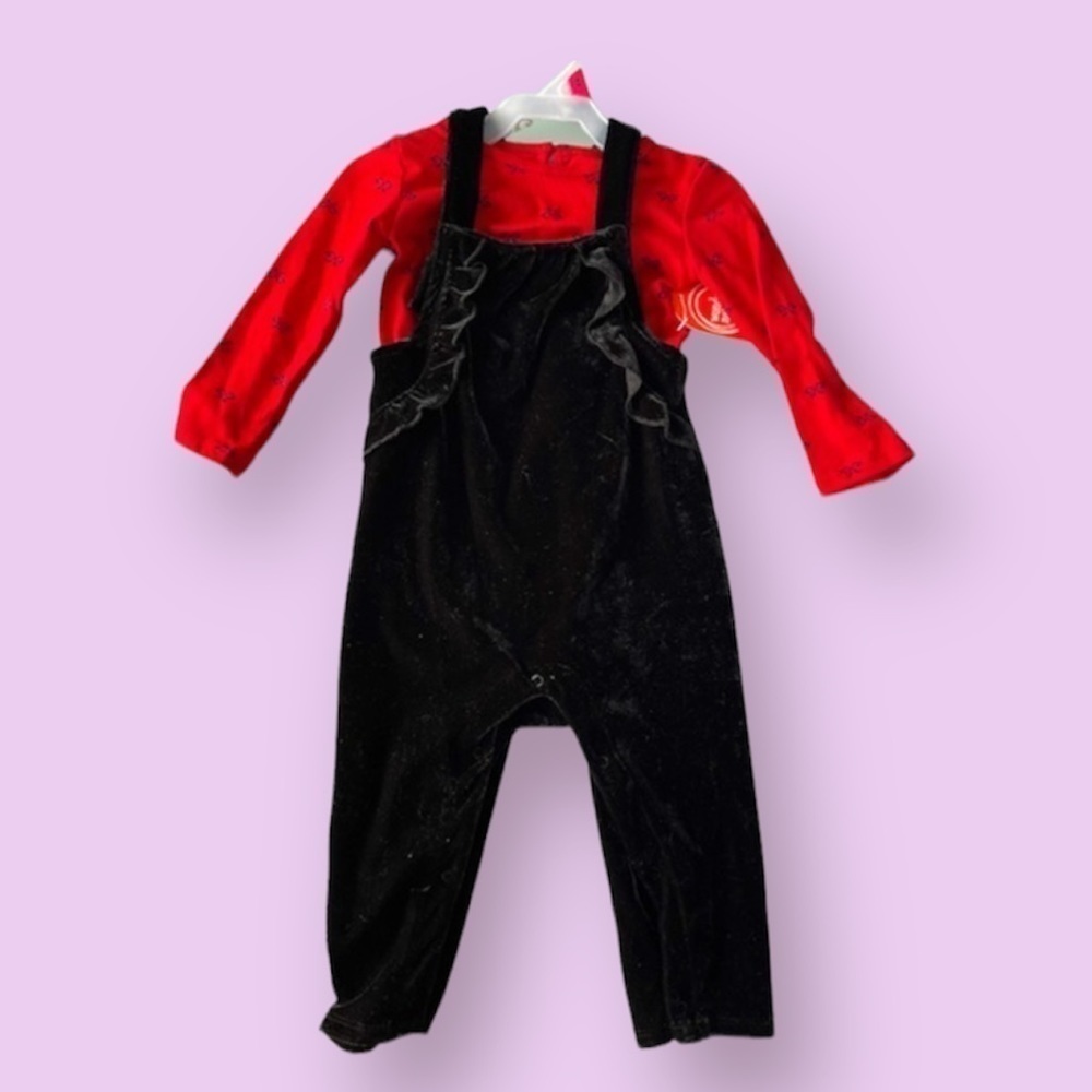 Baby Girl Onesie with Matching Overalls Set- Red & Black